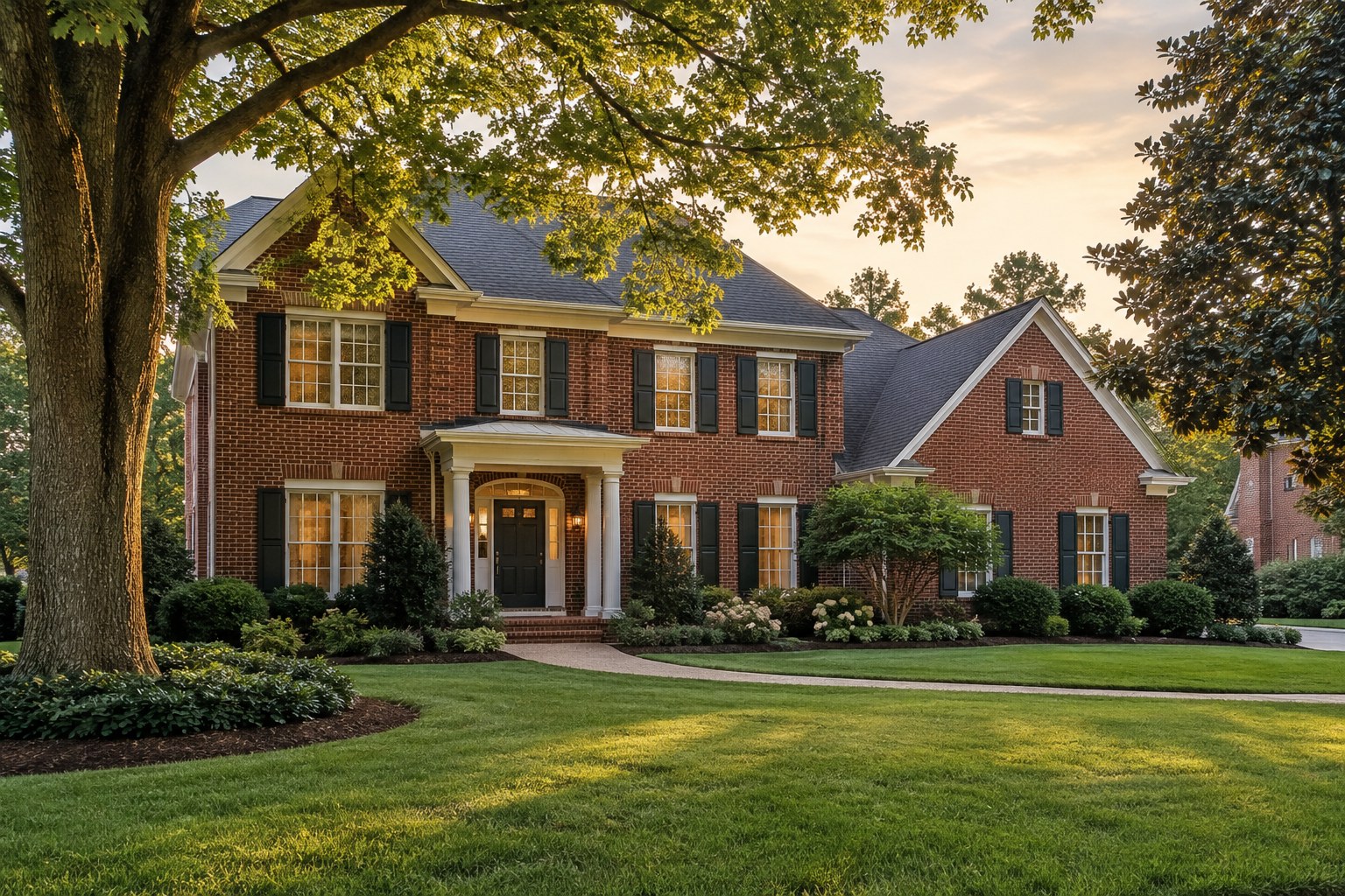 A brick home with mature trees on a quiet Memphis area street at golden hour, illustrative