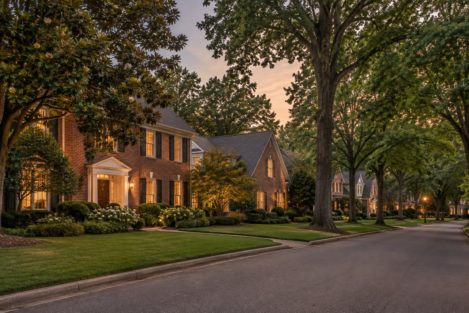 Brick homes along a tree lined Memphis area street, illustrative