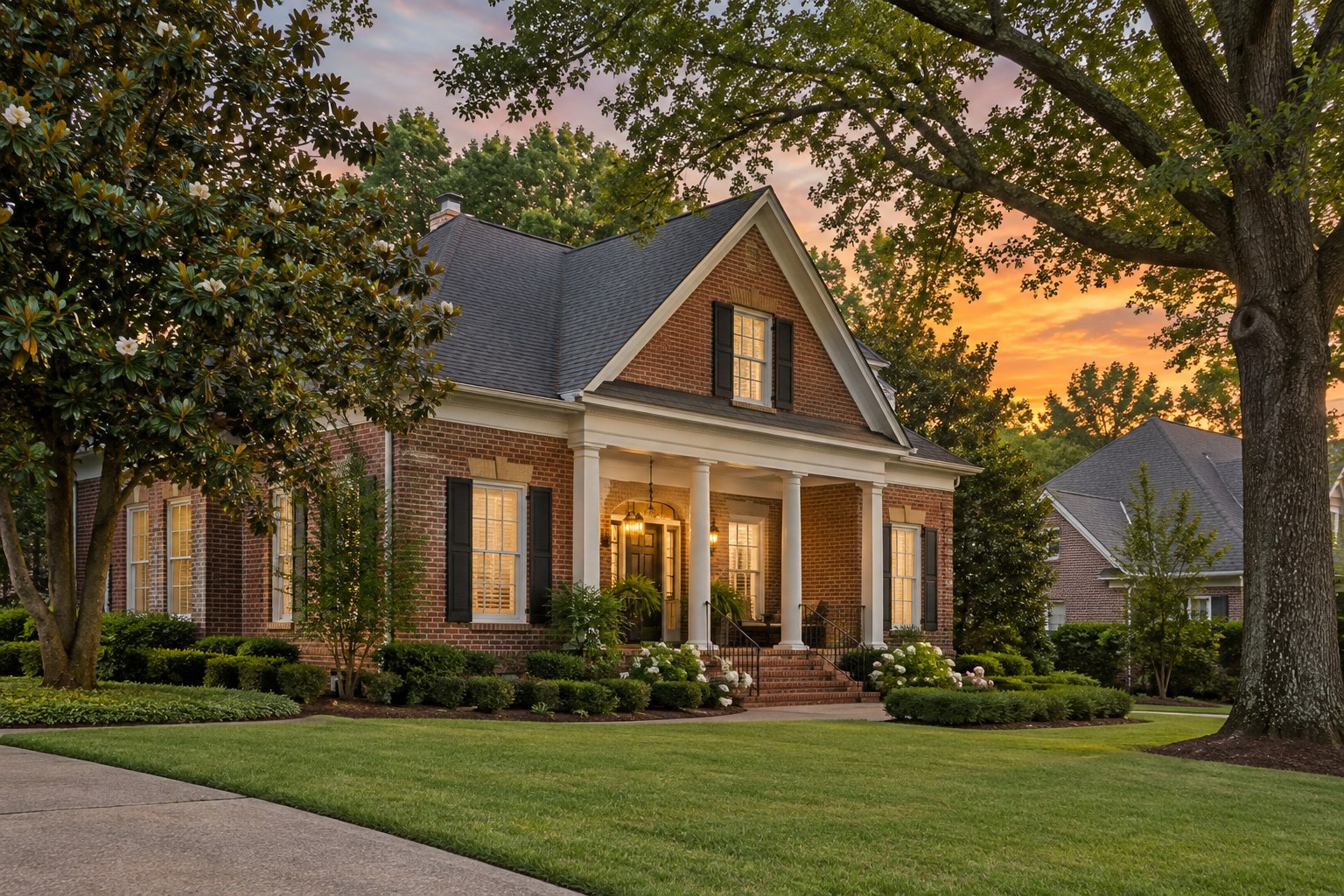A brick Memphis area home with a front porch at sunset, illustrative